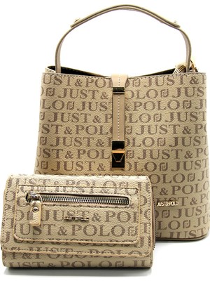 Just Polo Kadın Vizon Baskı Desenli El ve Omuz Çanta ve Cüzdan Seti JPT2055-04