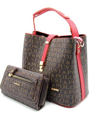 Just Polo Kadın Kahverengi-Kırmızı Baskı Desenli El ve Omuz Çanta ve Cüzdan Seti JPT2055-04