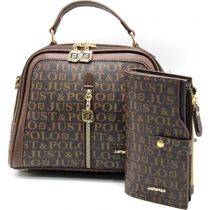 Just Polo Kadın Kahverengi Baskı Desenli Omuz Çanta ve Cüzdan Kombini JPT2057-09