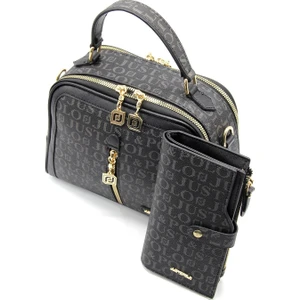 Just Polo Kadın Siyah Baskı Desenli Omuz Çanta ve Cüzdan Kombini JPT2057-09