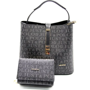 Just Polo Kadın Siyah Baskı Desenli Kilit Detaylı El ve Omuz Çanta ve Cüzdan Seti JPT2055-01