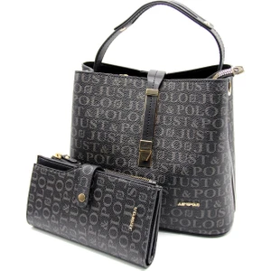 Just Polo Kadın Siyah Baskı Desenli El ve Omuz Çanta ve Cüzdan Seti JPT2055-09