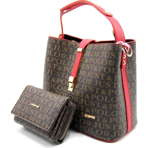 Just Polo Kadın Kahverengi-Kırmızı Baskı Desenli Kilit Detaylı El ve Omuz Çanta ve Cüzdan Seti JPT2055-01