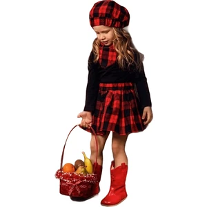 3 Çınar Kız Çocuk Kırmızı Ekoseli Şapkalı Takım