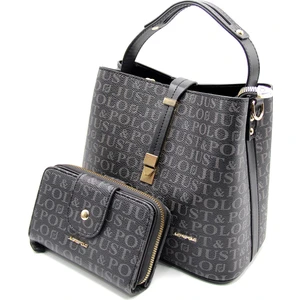 Just Polo Kadın Siyah Baskı Desenli El ve Omuz Çanta ve Cüzdan Seti JPT2055-13