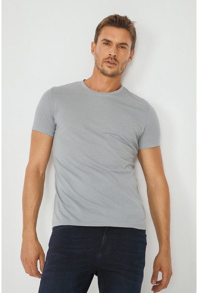 Avva Erkek Gri Bisiklet Yaka %100 Pamuk Basic T-Shirt E001000