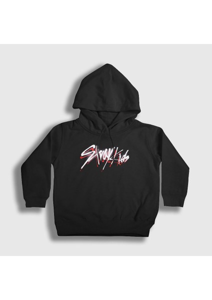 Unisex Çocuk Siyah Logo V2 Stray Kids Kapüşonlu Sweatshirt