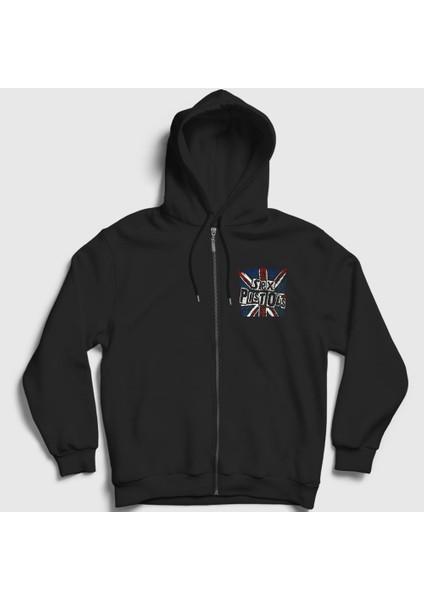 Siyah Uk Pistols Fermuarlı Kapüşonlu Sweatshirt