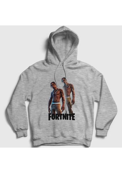 Unisex Gri Travis Scott Fortnite Kapüşonlu Sweatshirt