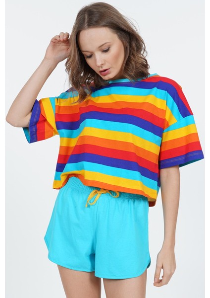 Pamuklu Düşük Omuzlu Kısa Kol Şortlu Pijama Takım