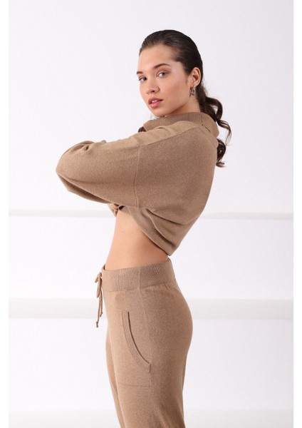 Camel Cepli Dar Paça Kaşmirli Kadın Triko Pantolon