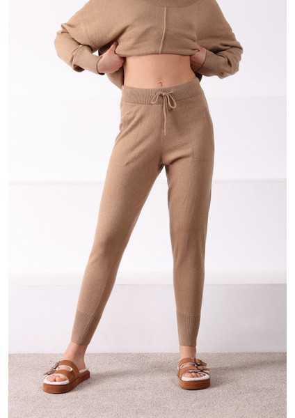 Camel Cepli Dar Paça Kaşmirli Kadın Triko Pantolon