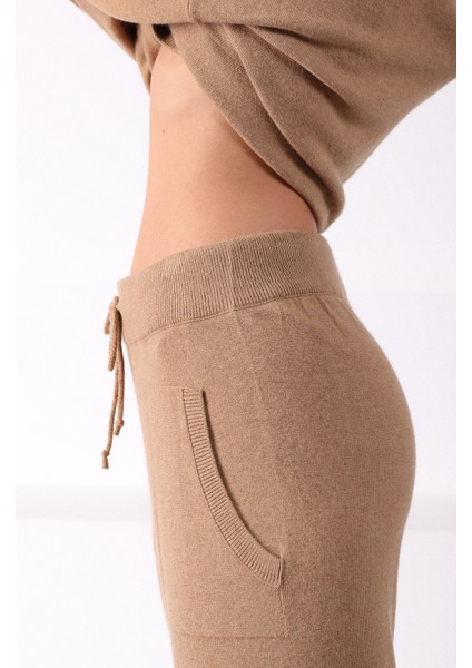 Camel Cepli Dar Paça Kaşmirli Kadın Triko Pantolon