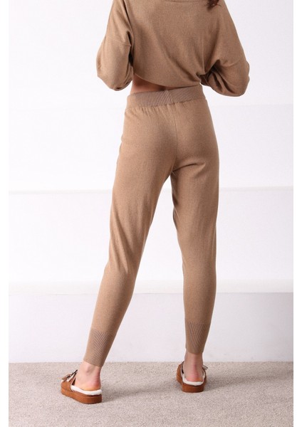 Camel Cepli Dar Paça Kaşmirli Kadın Triko Pantolon