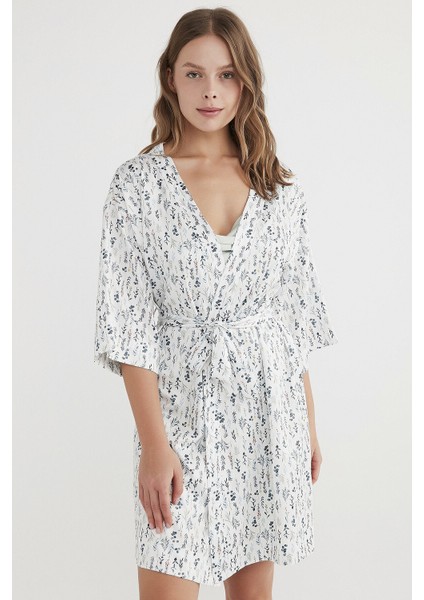 Beyaz Dried Flowers Satin Sabahlık