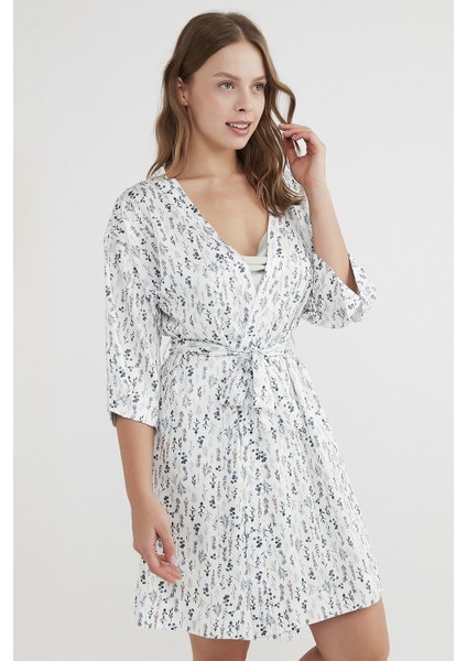 Beyaz Dried Flowers Satin Sabahlık fiyatları