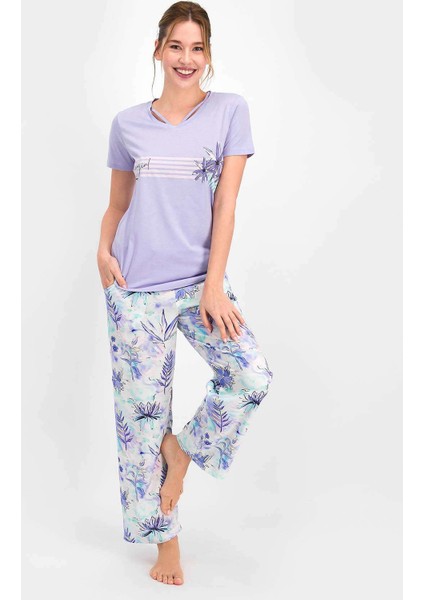 Floral Pattern Lila Kadın Kısa Kol Pijama Takımı