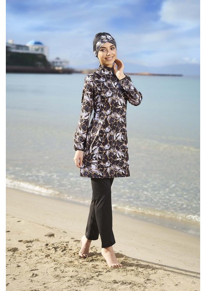 Kadın Desenli Esnek Tam Kapalı Tesettür Mayo - Siyah