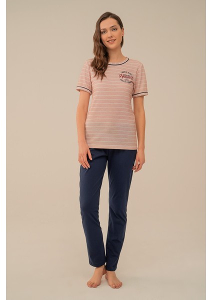 Feyza Kadın Çizgili Hawaii Nakış Kısa Kol Pijama Takım 4106-B