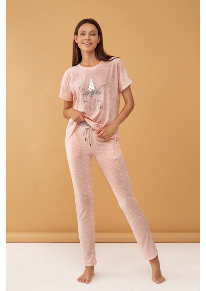 Feyza Kadın Çicek Desenli Jakar Kumaşlı Unicon Baskılı Pijama Takımı 4010-