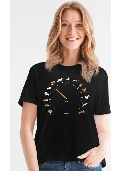 Sürat Göstergesi Siyah Kısa Kollu Kadın T-Shirt