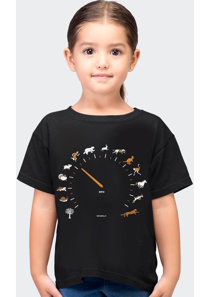 Sürat Göstergesi Siyah Kısa Kollu Kız Erkek Çocuk T-Shirt