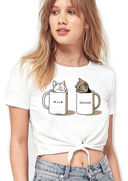 Sütlü Sade Beyaz Kesik Crop Top Bağlı Kadın T-Shirt
