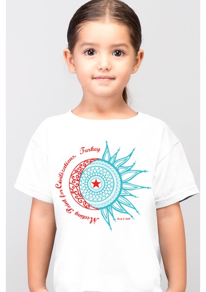 Türkiye Ay Yıldız Beyaz Kısa Kollu Kız Erkek Çocuk T-Shirt