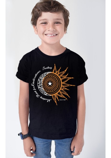 Türkiye Ay Yıldız Siyah Kısa Kollu Kız Erkek Çocuk T-Shirt