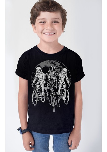 Yıldız Bisikletçileri Siyah Kısa Kollu Kız Erkek Çocuk T-Shirt