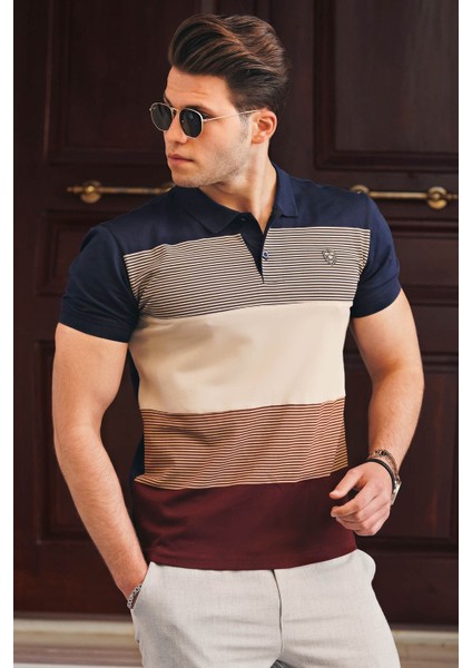 Renk Bloklu Lacivert Polo Yaka Erkek Triko Tişört 9280