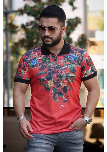 Kırmızı Çiçek Detaylı Polo Tişört 2885