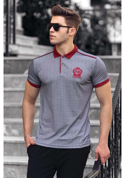 Gri Omuz Şeritli Polo Yaka Erkek Tişört 9306