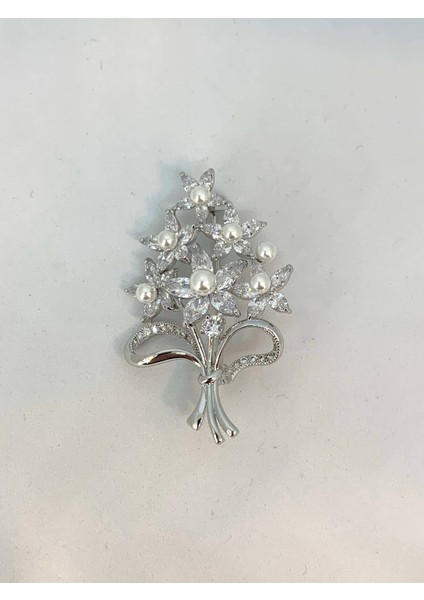 Zirkon Taşlı Incili Çam Ağaçlı Broş Rodyum