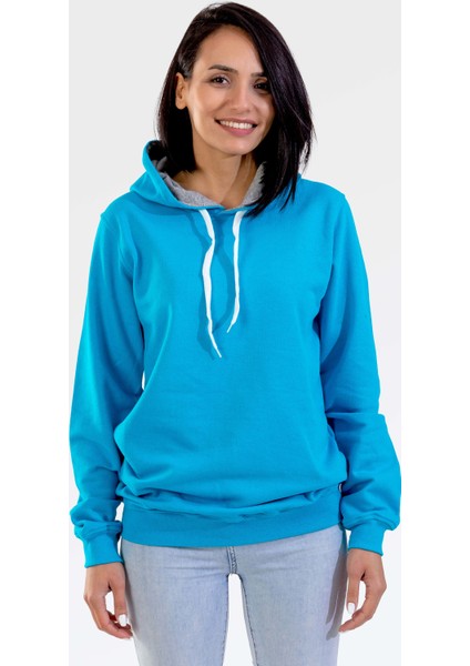 Unisex Turkuaz Mavi Kapüşonlu Sweatshirt