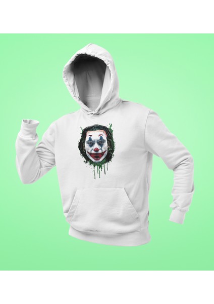 Unisex Beyaz Kapüşonlu Sweatshirt Joker Dijital Baskılı
