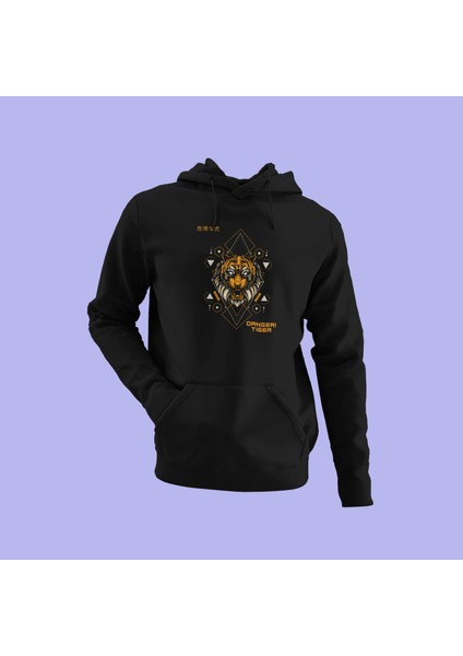 Unisex Siyah Kapüşonlu Sweatshirt Arslan Dijital Baskılı
