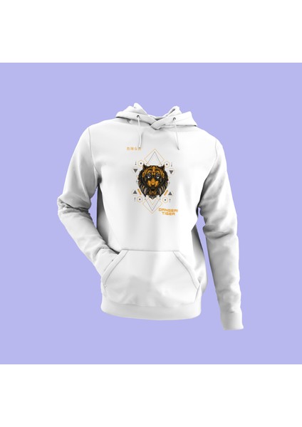 Unisex Beyaz Kapüşonlu Sweatshirt Arslan Dijital Baskılı