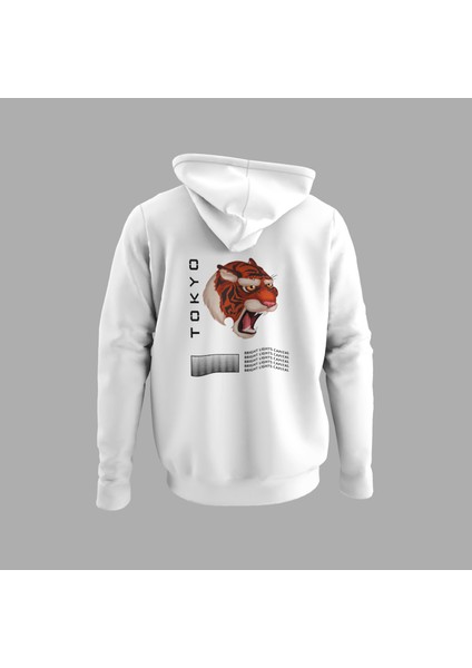 Unisex Beyaz Kapüşonlu Sweatshirt Sırt Dijital Baskılı