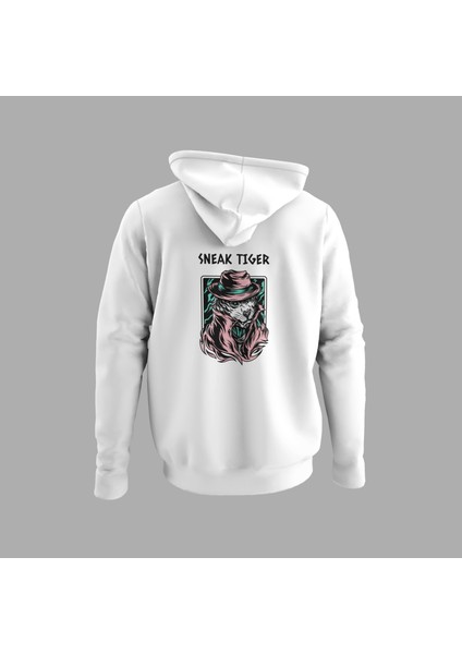 Unisex Beyaz Kapüşonlu Sweatshirt Sırt Dijital Baskılı
