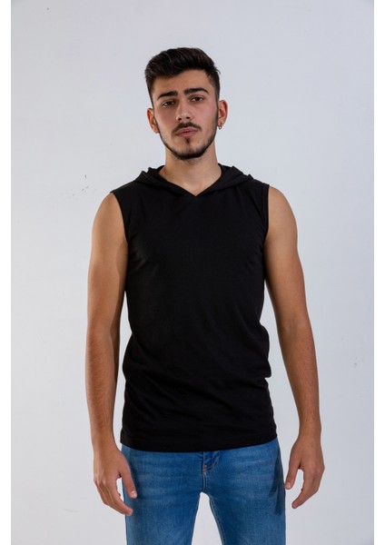 Unisex Basic Kapşonlu Kolsuz Siyah T-shirt