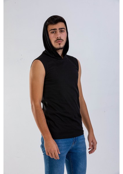 Unisex Basic Kapşonlu Kolsuz Siyah T-shirt