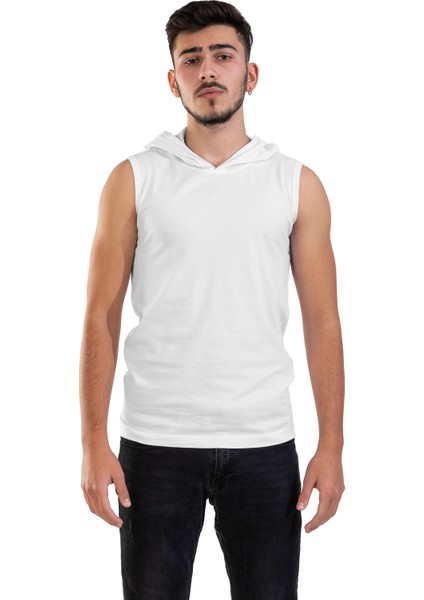 Unisex Basic Kapşonlu Kolsuz Beyaz T-shirt