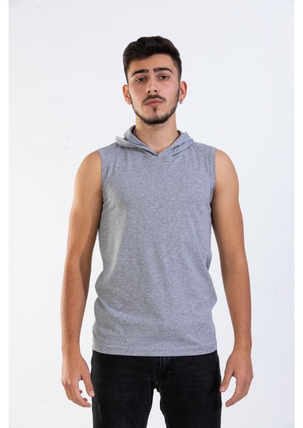 Unisex Basic Kapşonlu Kolsuz Gri Melanj T-shirt