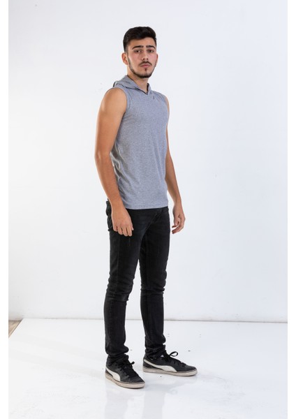 Unisex Basic Kapşonlu Kolsuz Gri Melanj T-shirt fiyatları