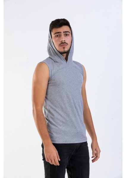Unisex Basic Kapşonlu Kolsuz Gri Melanj T-shirt modelleri