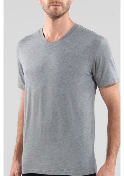 Silver V Yaka Kısa Kol Gri T-Shirt 9308