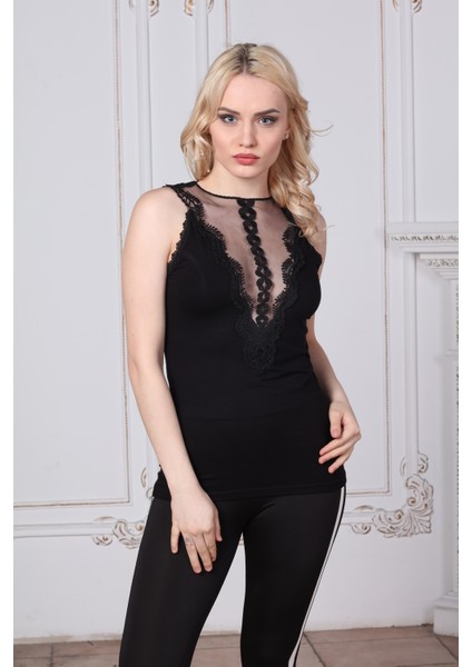 Kadın Transparan Açık Göğüs Dantelli Bluz