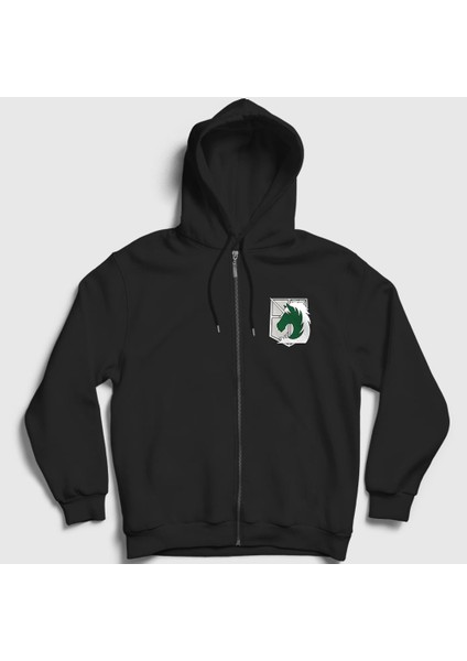 Unisex Siyah Military Anime Attack On Titan Fermuarlı Kapüşonlu Sweatshirt