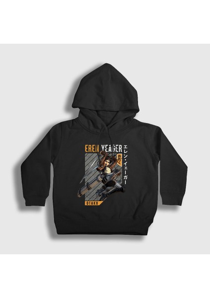 Unisex Çocuk Siyah Eren Fan Anime Attack On Titan Kapüşonlu Sweatshirt